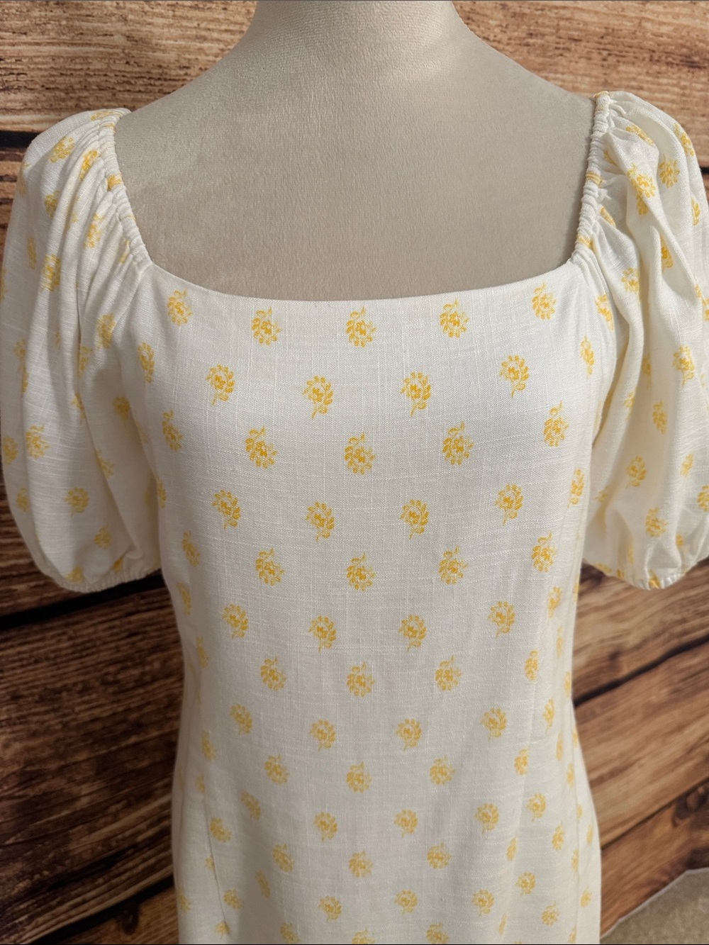 LC Lauren Conrad White Midi Dress with Yellow Floral Print and Puff Sleeves - Picture 3 of 9